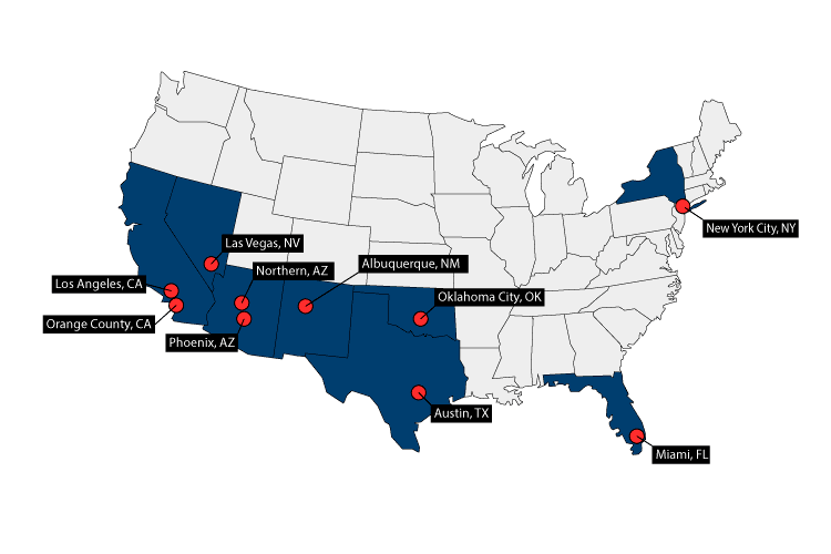 Hatten Consulting service-area map covering ten U.S. metros: Northern Arizona, Phoenix, Albuquerque, Austin, Oklahoma City, Miami, New York City, Orange County, Los Angeles, and Las Vegas